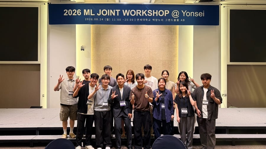 Workshop participants posing together beneath a 2026 ML Joint Workshop at Yonsei banner.